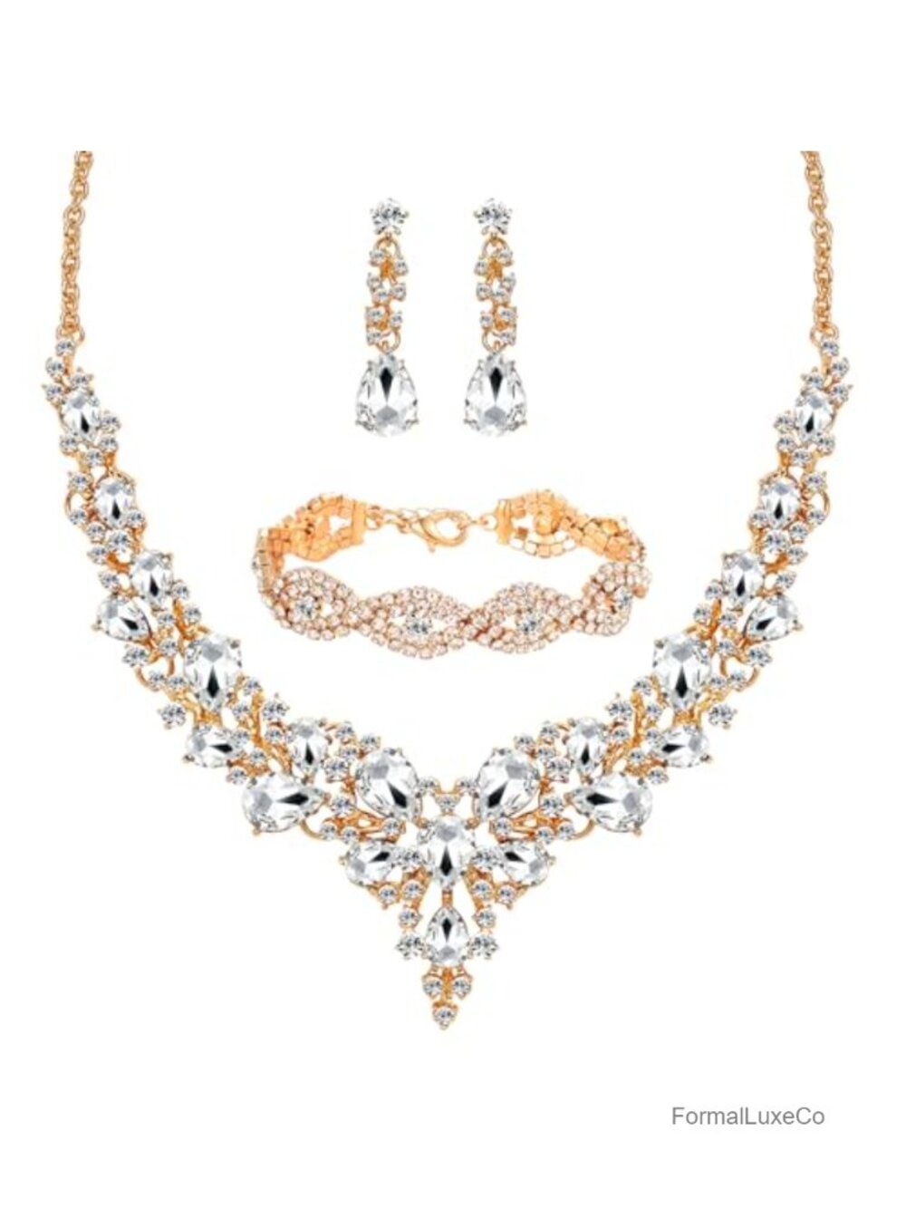 Women's Rhinestone Crystal Bridal Jewelry Set with Necklace, Bracelet & Earrings